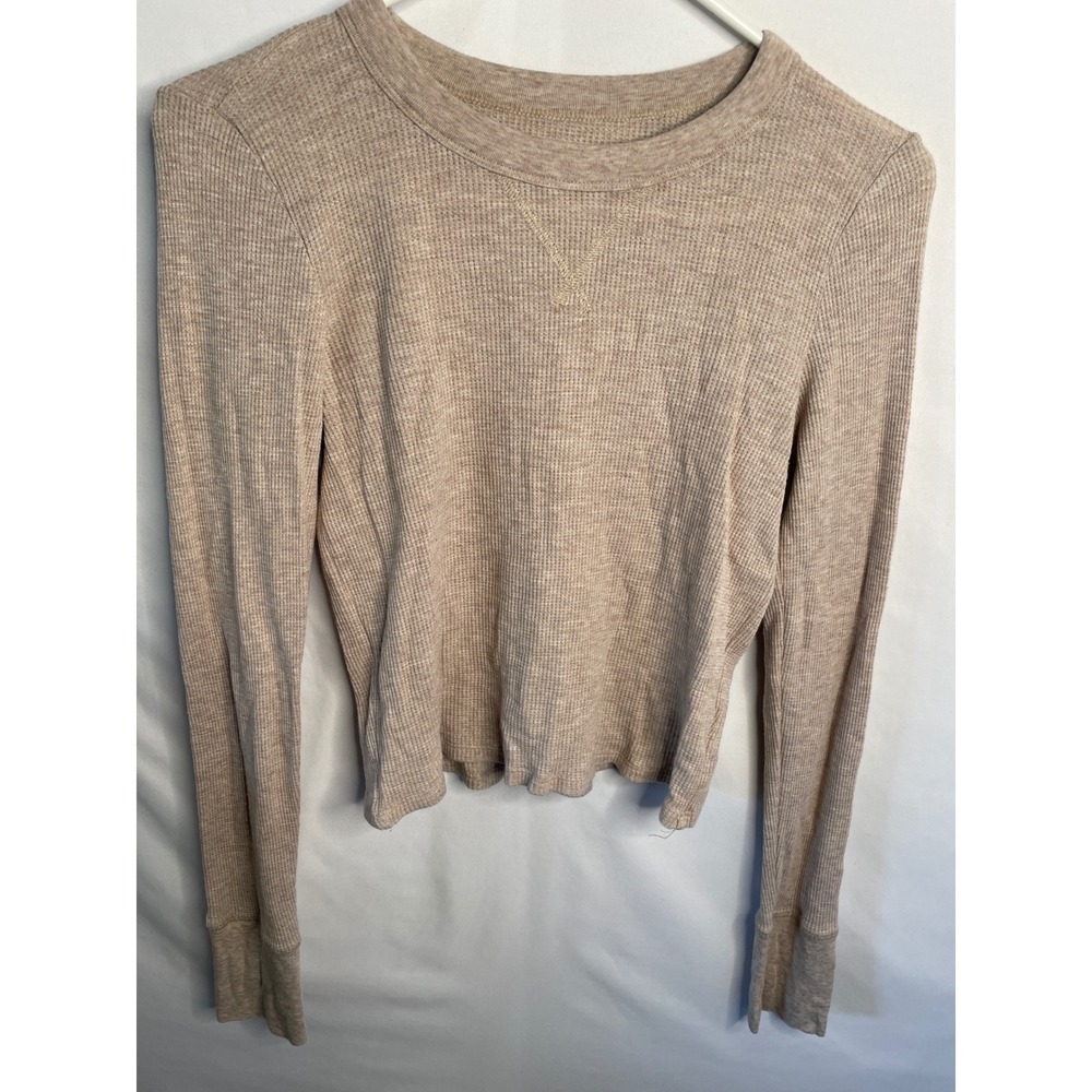 Aerie Tan Waffle Knit Long Sleeve Crop Top Medium RN 54485 Beige Crew Neck